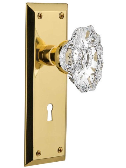 New York Style Mortise-Lock Set with Chateau Crystal Glass Knobs in Un-Lacquered Brass.